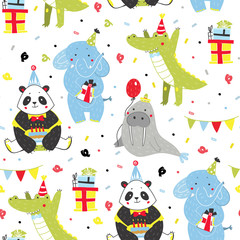 Hand drawn birthday party animals. Colored vector seamless pattern