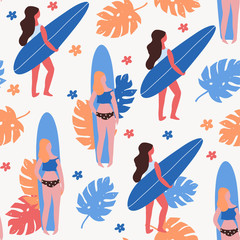 Hand drawn surf girls and palm leaves. Colored vector seamless pattern