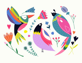 Naklejki  Ethnic style birds and flowers. Hand drawn vector set. All elements are isolated