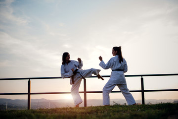 Two fit young women dressed in white kimono training karate martial arts in nature. © Jovan
