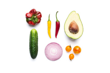 Fresg vegetable salad ingredients on white background