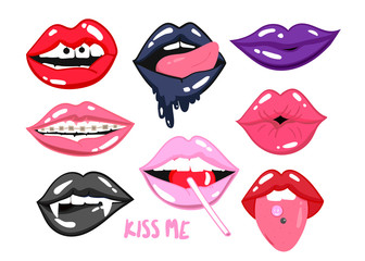 Various expressions of different lips. Colored vector set. All elements are isolated