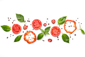 Composition of vegetables, herbs and spices on white background