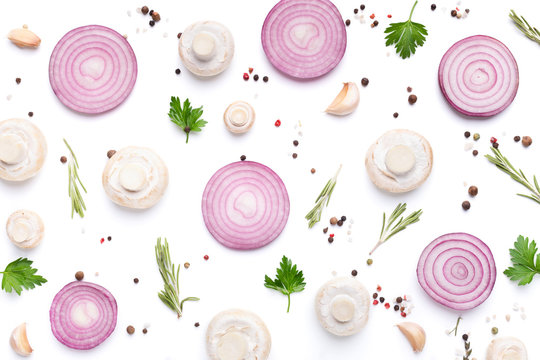 Fresh Mushrooms With Parsley, Peppercorns And Purple Onion Slices