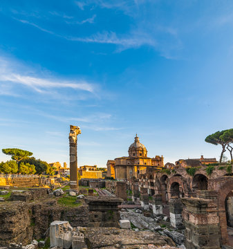 World famous Imperial Fora in Rome at sunset