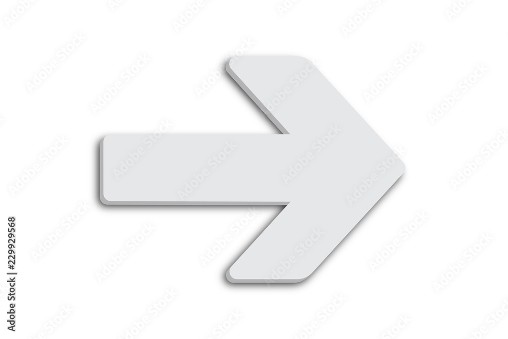 Fototapete White arrow sign symbol in minimalist white grey color 3D design shape and isolated on simple minimal clean seamless white background.