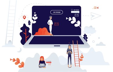Cartoon social communication concept with people from big laptop chatting, sending messages, typing at laptop within people, trees and abstract shapes background. Vector illustration