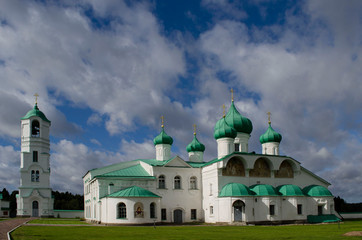 Fototapeta na wymiar Transfiguration Cathedral and the bell-tower of the Alexander-Svirsky Monastery Leningrad Region Russia