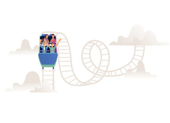 Roller coaster with adult company or team in open car on railroad track isolated on white background. Young people having fun and enjoyment on amusement ride in cartoon vector illustration.