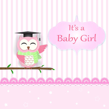 Baby girl shower card with Owl on pink. Greeting card paper art style
