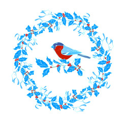 Bullfinch and Christmas wreath of Holly