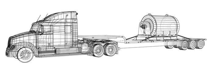 Obraz premium Low bed Truck Trailer. Wire-frame. Cargo vehicle. EPS10 format. Vector created of 3d