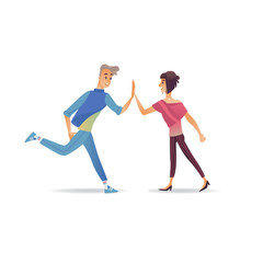 Young people giving each other five isolated on white background. Smiling young man and woman doing congratulating with success or greeting gesture in cartoon vector illustration.