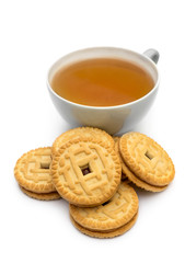 Cup of tea with sandwich cookies on white.