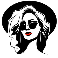 Woman with curly hair wearing butterfly sunglasses, ear jewelry and hat. Black and white style portrait with red lips. Vector illustration. Eps 10.