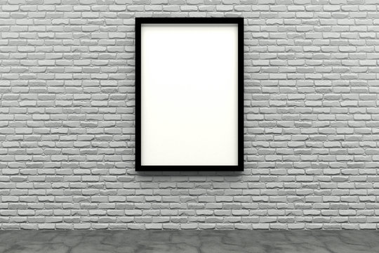 3d render black Photo frame on white brick wall