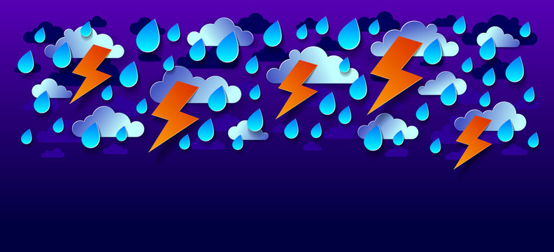 Thunderstorm with lightning and falling water drops vector modern style paper cut cartoon illustration.
