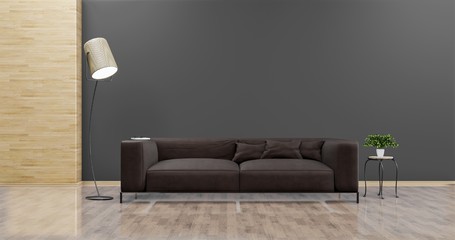 Living room with leather sofa have pillows, , lamp and plant on empty dark gray wall background , Minimal Rustic, 3D Rendering