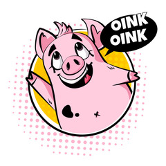 Pig in frame says oink-oink. Greeting card in comics style. Vector.