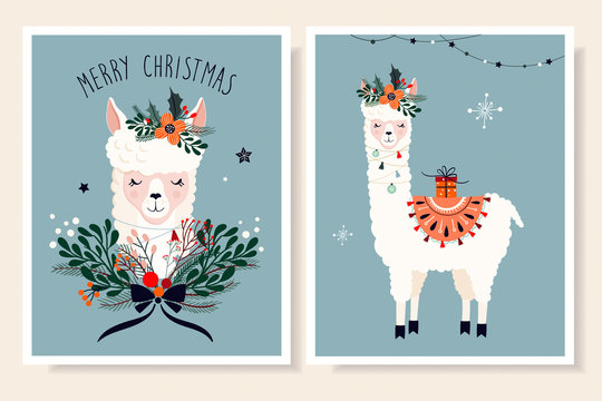 Christmas greeting cards collection with llama and seasonal elements
