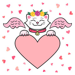 Vector illustration, white Cat with pink wings and heart. Template for St. Valentine's Day, invitation, party, Mother day, birthday, baby shower, greeting card. Japanese Maneki Neko white cat.