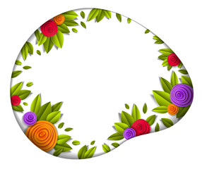 Flowers and leaves beautiful background or frame with blank copy space for text, vector illustration in paper cut style. Wedding invitation or romantic greeting card.