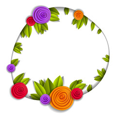 Background with flowers and leaves paper cut style, copy space for text, vector floral illustration. Wedding invitation or romantic greeting card.