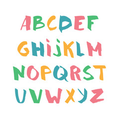 Color hand drawn alphabet, latin characters set. Vector lettering for posters, banners or greeting cards. Isolated on white background