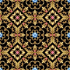 Golden oriental seamless pattern with red and blue gems