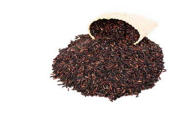 Closeup Rice berry in bamboo basket on isolated white background.