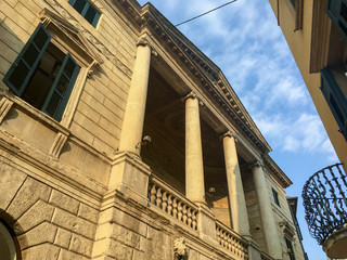 Fototapeta na wymiar La Loggia Arvedi Building built in 1816, in Verona, Italy by architect Giuseppe Barbieri for the silk producer Gian Antonio Arvedi. The loggia features Ionic columns and an elliptical balcony.