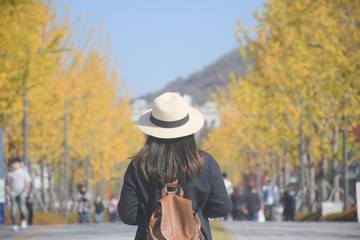 Tourist is visiting at Yonsei University during autumn in Seoul, Korea.