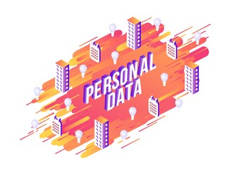 Vector illustration of Personal Data text design with isometric violet sign and multi storey buildings and calendars with multi bulbs on abstract orange gradient geometric shapes and stripes.