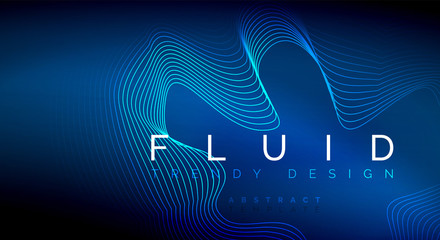 Blue neon particles glowing fluid wave lines, magic energy space light concept, abstract background wallpaper design