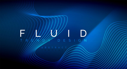 Blue neon particles glowing fluid wave lines, magic energy space light concept, abstract background wallpaper design
