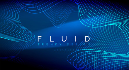 Blue neon particles glowing fluid wave lines, magic energy space light concept, abstract background wallpaper design