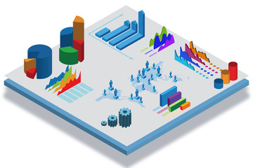 Isometric view of various business charts - 3d rendering