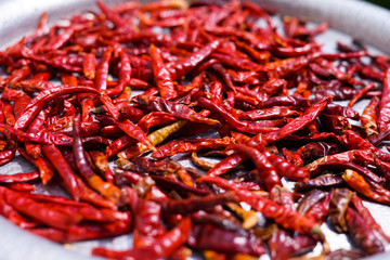 Dried red hot chilli peppers, food ingredient