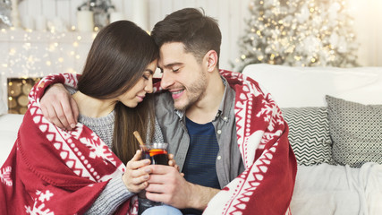 Loving couple drinking mulled-wine against christmas tree