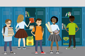 Fototapeta premium Lockers and students in the school hall,school interior,schoolboys and schoolgirls