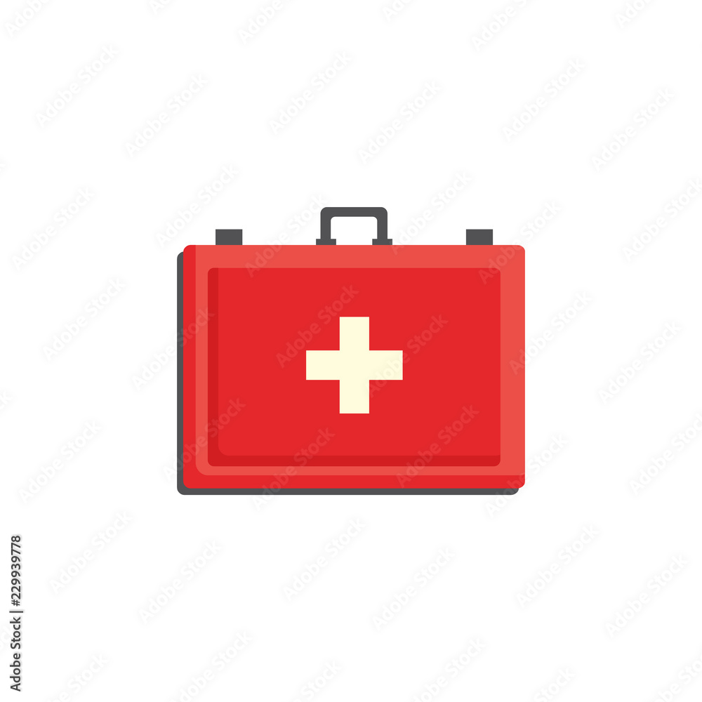 Wall mural Red first aid kit case with cross isolated on white background - medicine chest with necessary medications. Medical box for healthcare and emergency help concept in flat vector illustration.