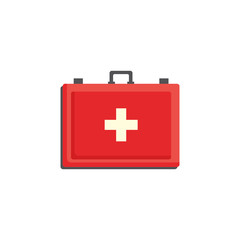Red first aid kit case with cross isolated on white background - medicine chest with necessary medications. Medical box for healthcare and emergency help concept in flat vector illustration.