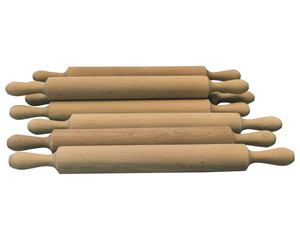 Heap of wooden kitchen cooking utensils - rolling pins, Isolated on white for your design.