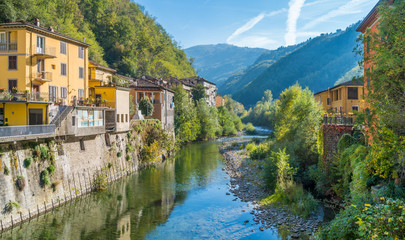 Fototapeta na wymiar The picturesque town of Bagni di Lucca on a sunny day. Near Lucca, in Tuscany, Italy.