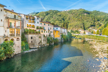 Fototapeta na wymiar The picturesque town of Bagni di Lucca on a sunny day. Near Lucca, in Tuscany, Italy.