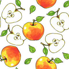Apples fruits are isolated on a white background. Healthy food. Handwork. Seamless pattern for design.