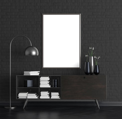 Mock up poster frame in elegant interior. 3D illustration