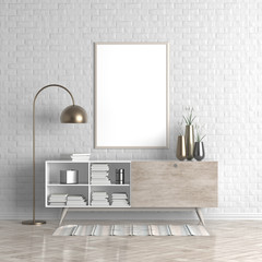 Mock up poster frame in Scandinavian style hipster interior. 3D illustration