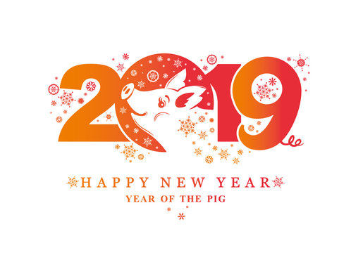 Year of the Pig 2019. New Year card with pattern 2019 and smiling pig and snowflakes. Vector template New Year's design on the Chinese calendar. 