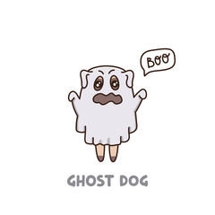 Funny dog breed pug in a ghost costume. It can be used for sticker, patch, phone case, poster, t-shirt, mug etc.